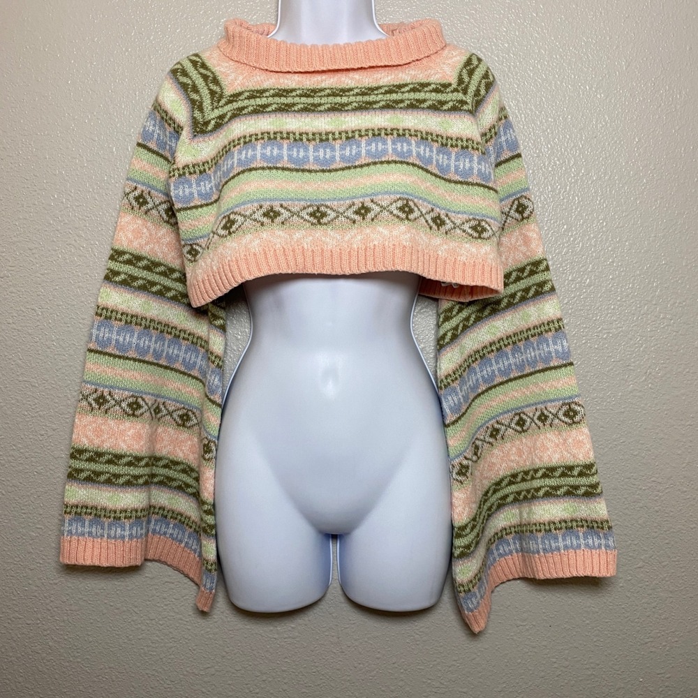 Pastel Cropped Sweater Medium Flared Sleeves Fair Isle Fall Autumn Knitted